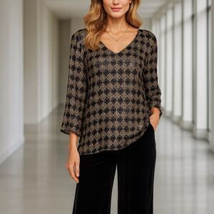 JM Collection Gold Metallic Black Mesh Lined Tunic Evening Party Top XL